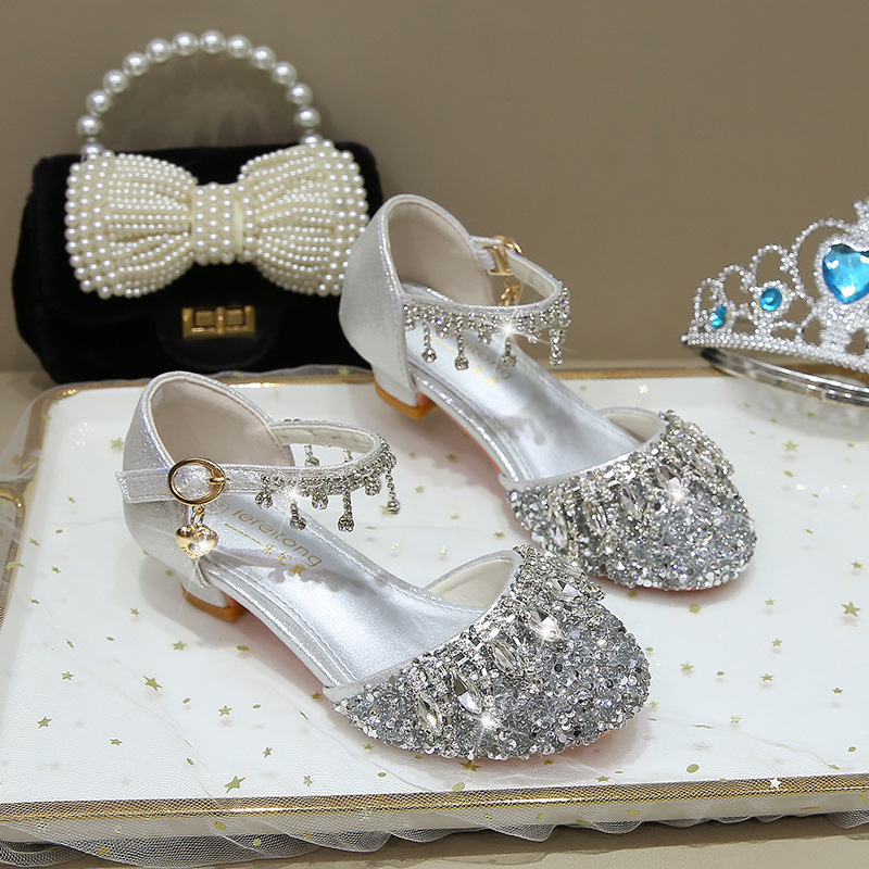Girls High Heels Princess Shoes Little Girl Dress Crystal Shoes Soft Sole Silver Kidsren's Catwalk Performance Catwalk Leather Shoes