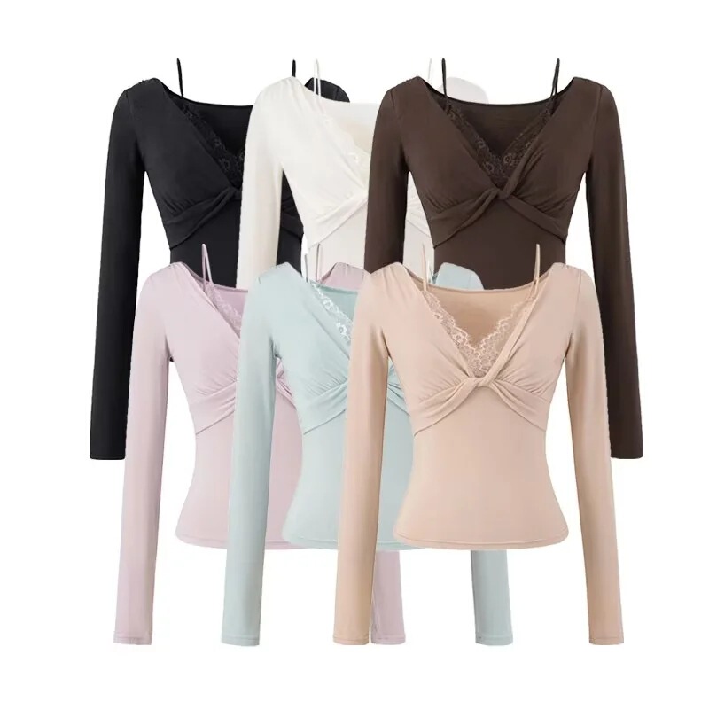 Pure Desire Hot Girl Autumn New Fake Two-Piece Spliced T-Shirt Women's Lace Off-Shoulder Long Sleeve Slim Fit T-Shirt Top Women