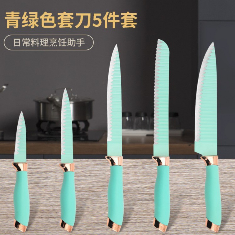 En stock Comercio exterior verde doble galvanoplastia cabeza mango patrón de onda de cinco piezas de acero inoxidable cuchillo de cocina conjunto único cuchillo de succión de doble cara