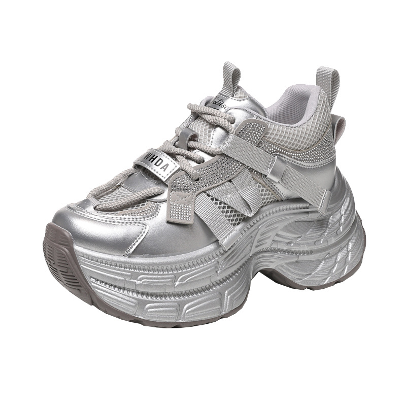 Giày sneaker nữ đế dày rhinestone lưới thoáng khí — Màu be
