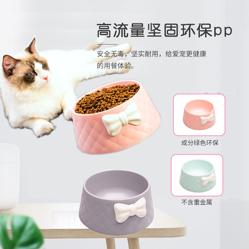 Pet Bowl Macaron Color New Style Bow Diamond Pattern Cat Bowl Deepening Leak-proof Dog Food Tableware Wholesale