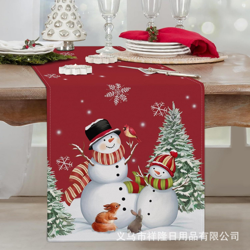 跨境爆款圣诞节桌旗厨房派对餐桌圣诞树花环雪人铃铛圣诞老人桌旗|undefined