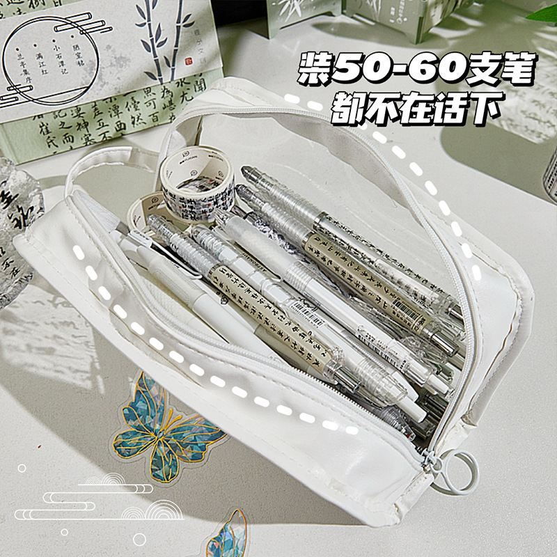Nuevo estuche de lápices literario de estilo nacional de estilo chino, estuche de lápices para estudiantes de alto valor de nicho, caja de papelería impermeable transparente de gran capacidad de marea nacional