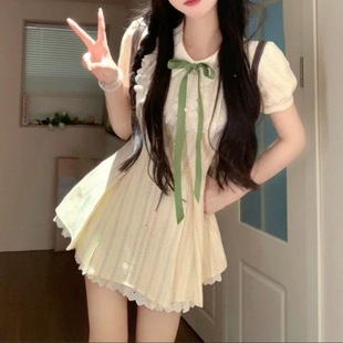 學院風polo領泡泡袖連衣裙女夏季甜美公主蓬蓬裙收腰小個子短裙