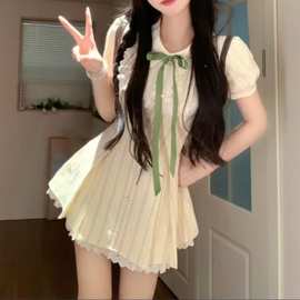 学院风polo领泡泡袖连衣裙女夏季甜美公主蓬蓬裙收腰小个子短裙