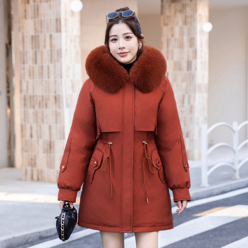 Cuello de cabello para superar la chaqueta de algodón de invierno femenino con lana y chaqueta de algodón gruesa, chaqueta de algodón media y larga
