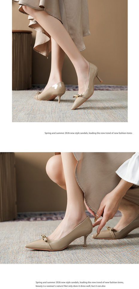 Giày cao gót nữ mũi nhọn gót mảnh 6–8 cm trang trí nơ, da bóng — Màu kaki, Màu trắng ngà, màu đen chi tiết 7