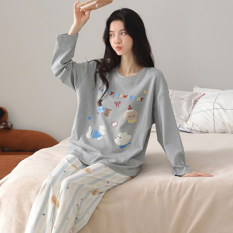 纯棉睡衣女春秋款带胸垫长袖套装2025新款圆领可爱卡通外穿家居服|undefined