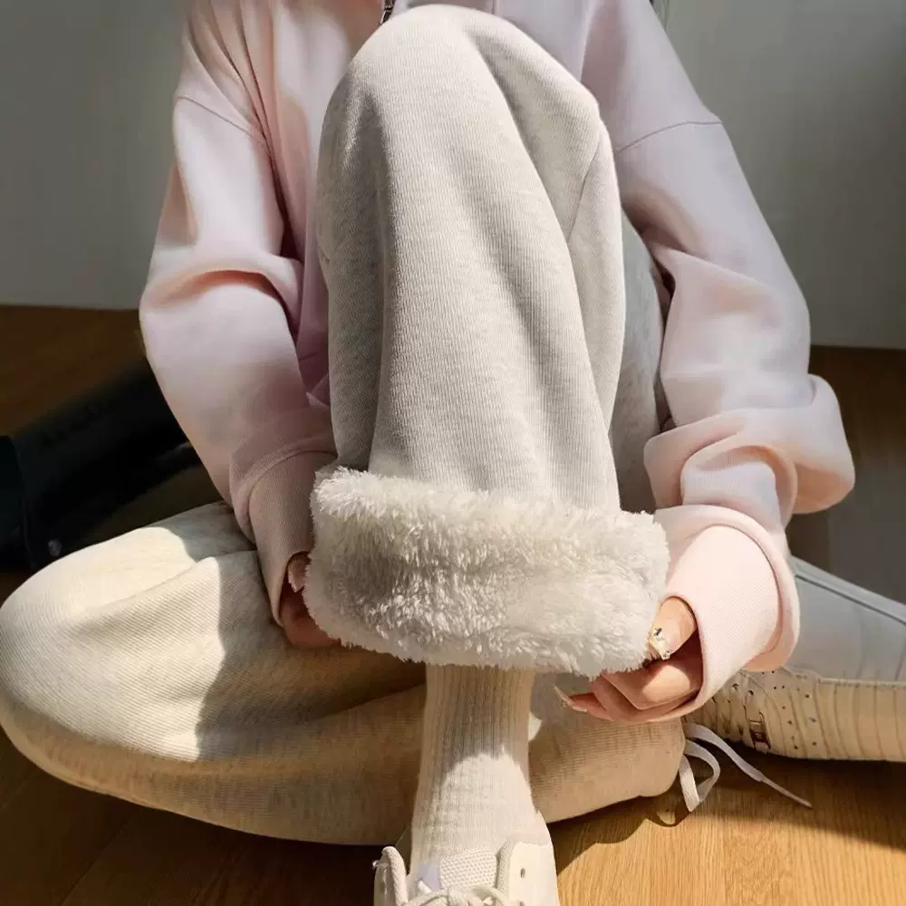 灰色羊羔绒运动裤女秋冬宽松束脚棉裤加绒两穿阔腿裤直筒休闲卫裤