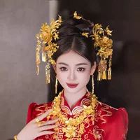 Изысканное золотое сплит новое китайское головное украшение Xiuhe невеста свадебное платье дракон и феникс платье костюмированный костюм Hanfu 2459