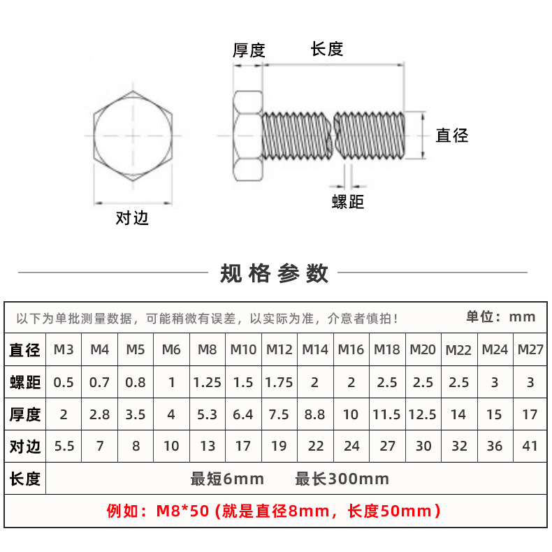 Bolt A2-70 rust-proof 304 stainless steel bolt DIN933 external hexagonal bolt stainless steel external hexagonal screw