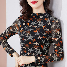 新款长袖T恤女韩版半高领网纱打底衫气质时尚印花上衣碎花小衫春