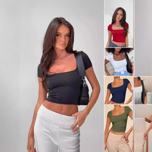 2024亚马逊ebay新品热卖女装欧美修身纯色短袖夏季方领休闲T恤女