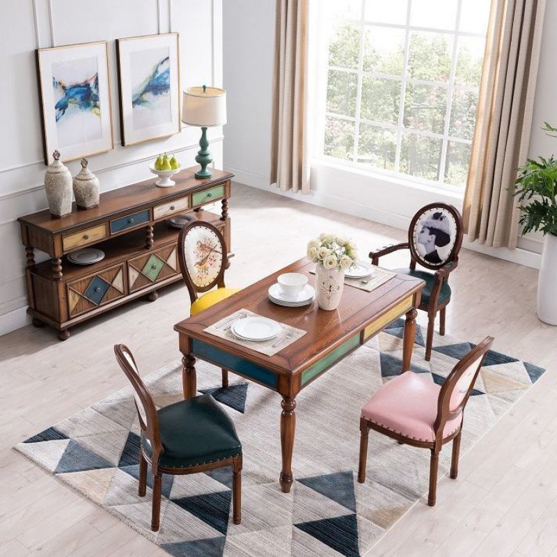 American style rural solid wood Restaurant Table Retro Simplicity household Small apartment rectangle Coloured drawing dining table and chair combination