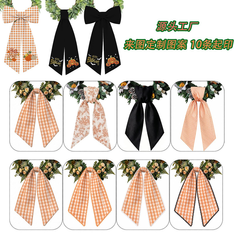 Christmas Autumn Plaid Bow Door Decoration Hanging Ornament Orange Halloween Pumpkin Holiday Decoration Double-Sided Wreath Ribbon