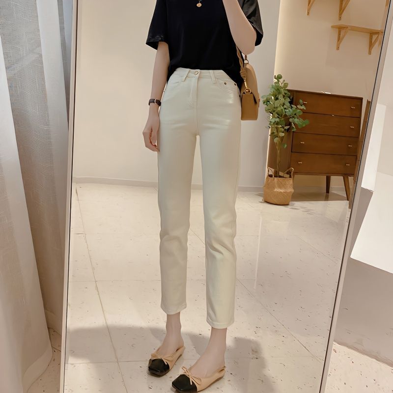All season! The pants are not so good! Straight jeans women's cropped versatile smoke tube slimming high waist pants trendy