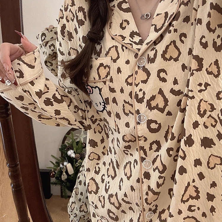 ヒョウ柄ハローキティ猫パジャマ女性春秋新長袖長ズボン日系学生ルームウェア|undefined