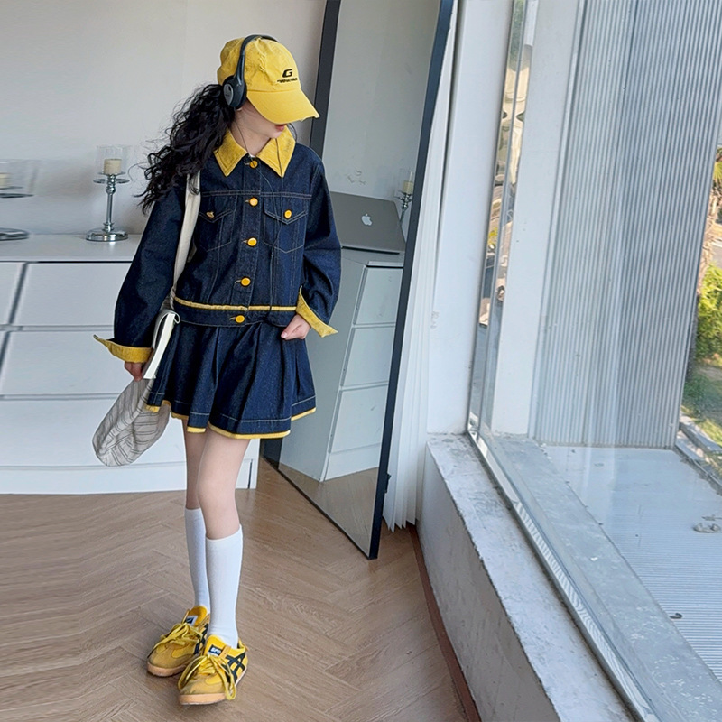 女童套装2025春秋新款小女孩时髦黄色翻领牛仔外套半身裙两件套潮|undefined