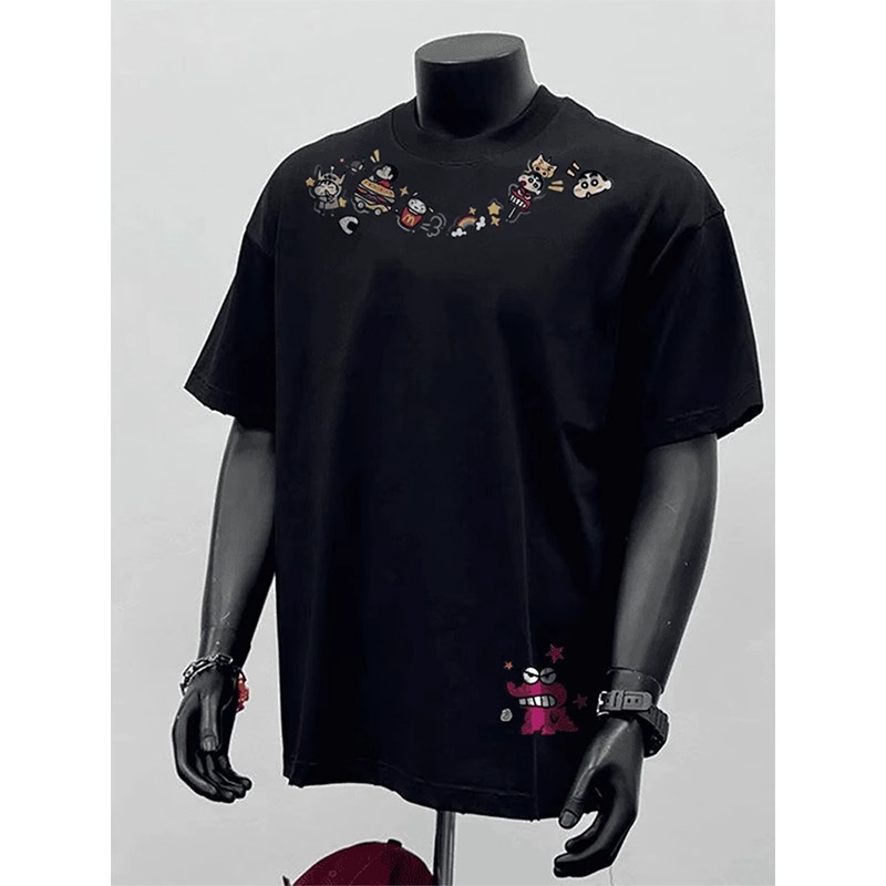 Same melange gray Heavy Graffiti boxy Shoulder Short Sleeve Men's Summer Cartoon Printed Small Collar T-Shirt Half Sleeve