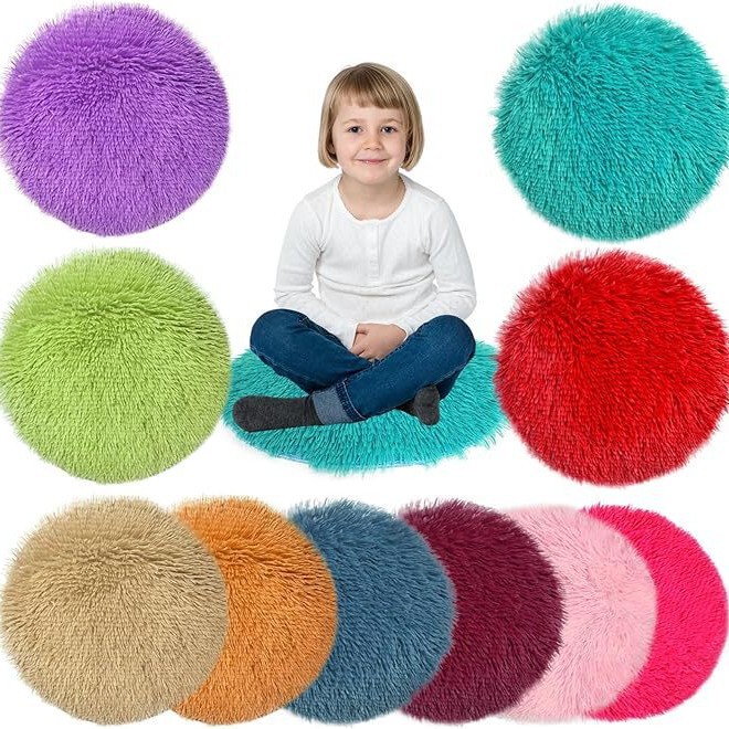 Cross-border Amazon solid color silk wool children's long-pile cushion, colorful round bedroom and closet floor mat, factory wholesale Cross-border Amazon solid color silk wool children's long-pile cushion, colorful round bedroom and closet floor mat, factory wholesale
