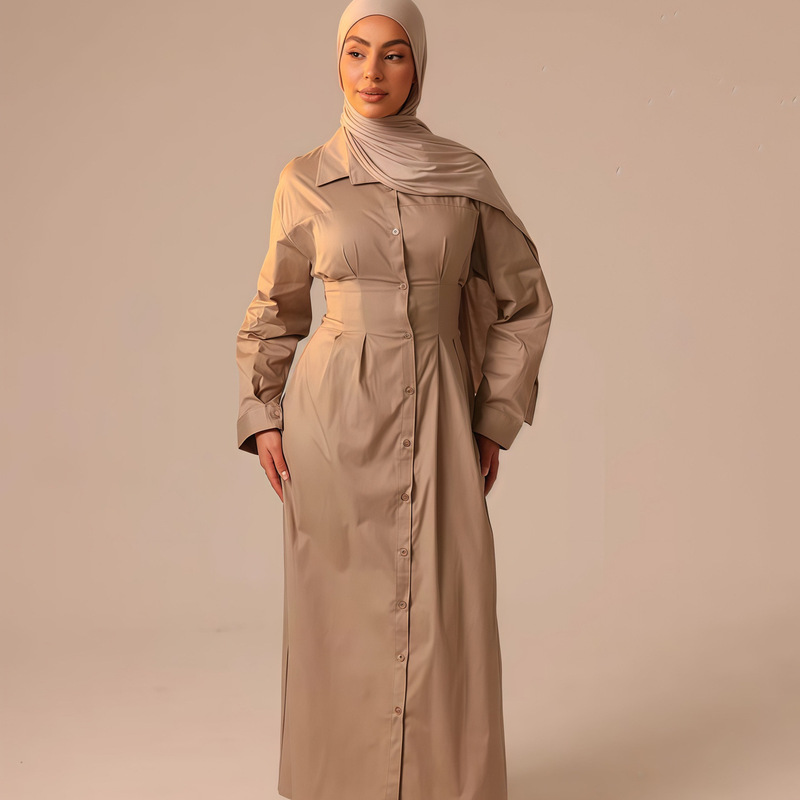 Elegant Cross-Border Style Light Khaki Turn-Down Collar Waist-Cinching Tie Shirt-Style Dress with Headscarf Set 2025 Women's