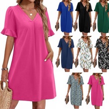 2025欧美外贸跨境女装亚马逊爆款 V领喇叭袖中长款口袋短袖连衣裙