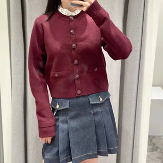 S法式小众2024早秋新款女装短款木耳领针织开衫上衣