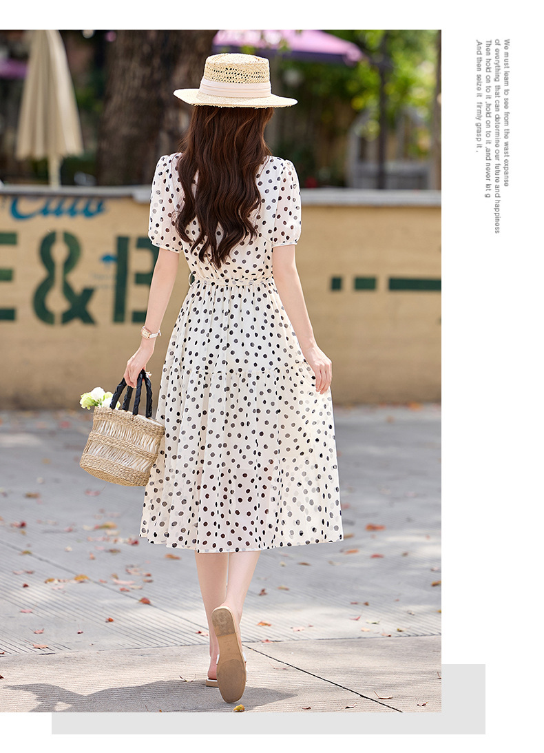 Đầm maxi nữ thắt eo chấm bi tay ngắn phong cách thời trang — màu đen, màu trắng chi tiết 26