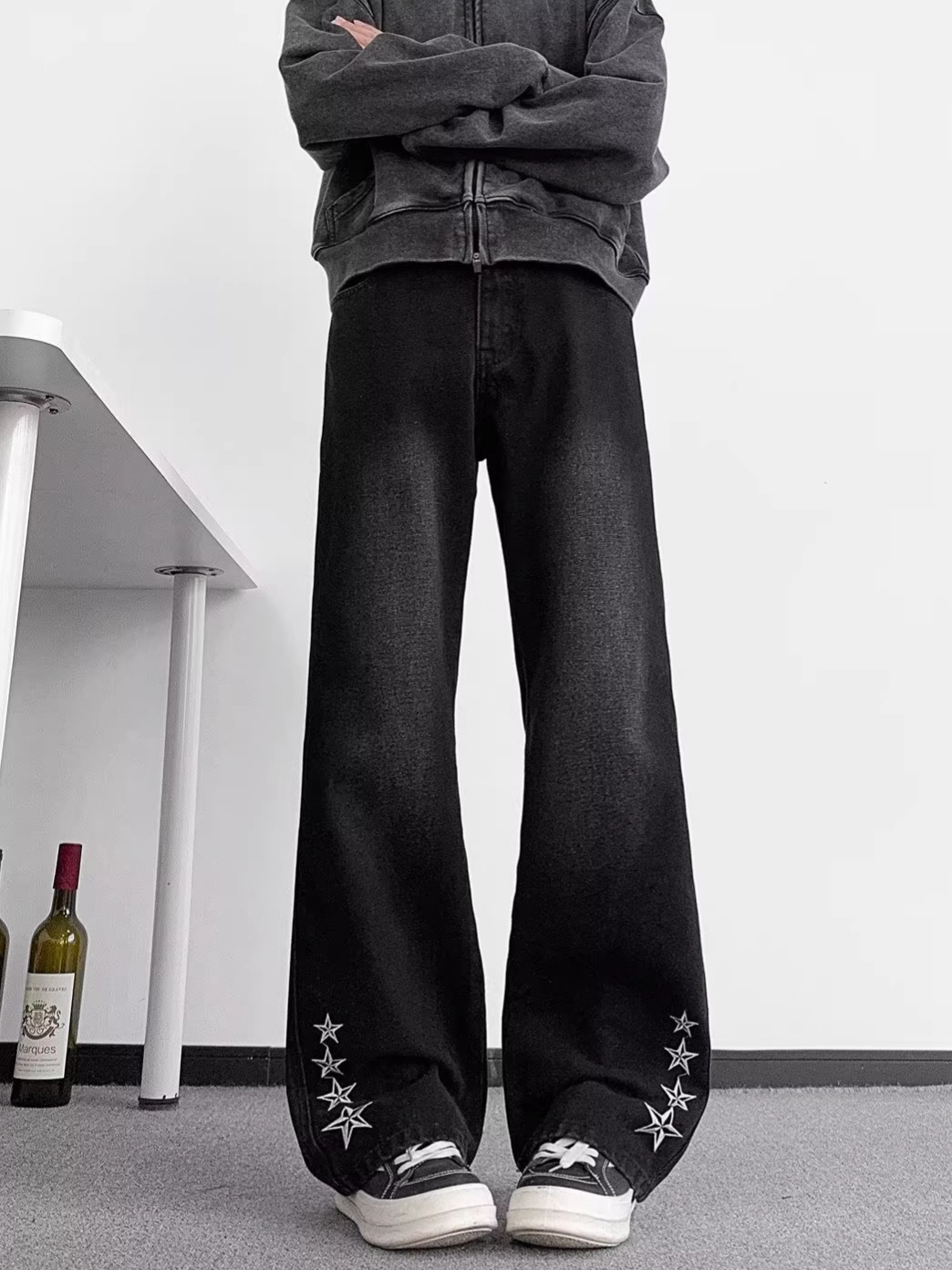American High Street Vibe Star Embroidery Flared Jeans for Men, Spring and Autumn Black Straight Pants, Trendy Slim-Fit Long Pants