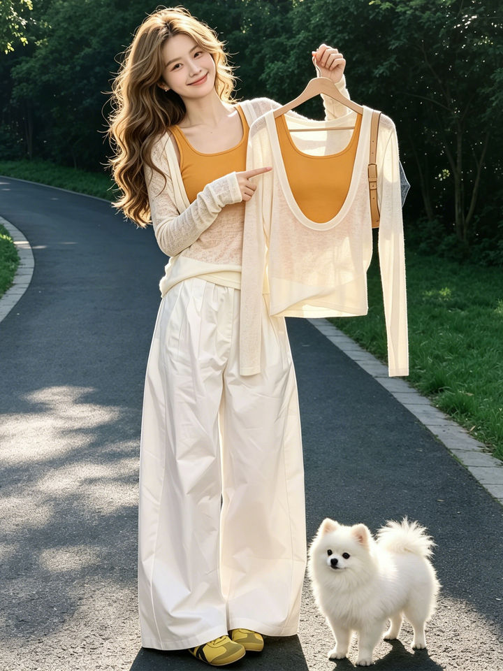 Bộ đôi áo hai dây cổ chữ U kèm áo khoác tay dài phong cách ngọt ngào — Áo ba lỗ màu vàng + áo khoác chống nắng
