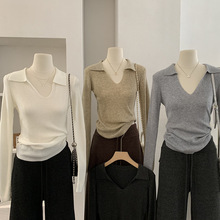 欧玛莱 Polo翻领修身显瘦坑条纯色长袖针织打底衫毛衣韩系女 5367