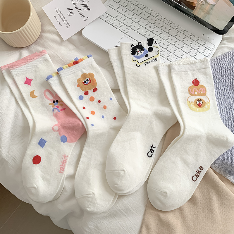 襪子女中筒襪春秋季百搭甜美少女可愛卡通學院風韓版日系白色襪子