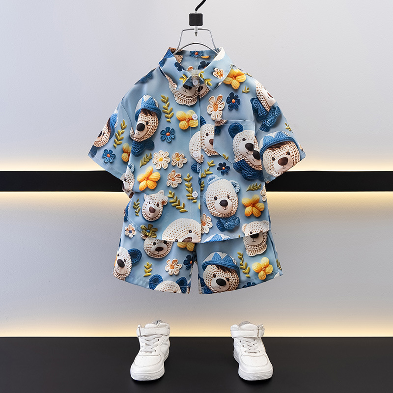 Boys Summer Short-Sleeved Shirt Suit 2025 New Style Boy Style Kidsren's Beach Ice Silk Holiday Style Two-Piece Set