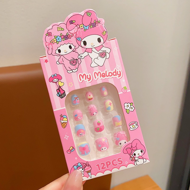 Uñas postizas removibles para niñas, en caja, con diseños de dibujos animados, pegatinas de uñas exquisitas, piezas de uñas.