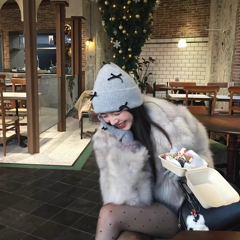 韩版蝴蝶结针织冷帽女2025新款秋冬季百搭护耳保暖显脸小毛线帽子|undefined