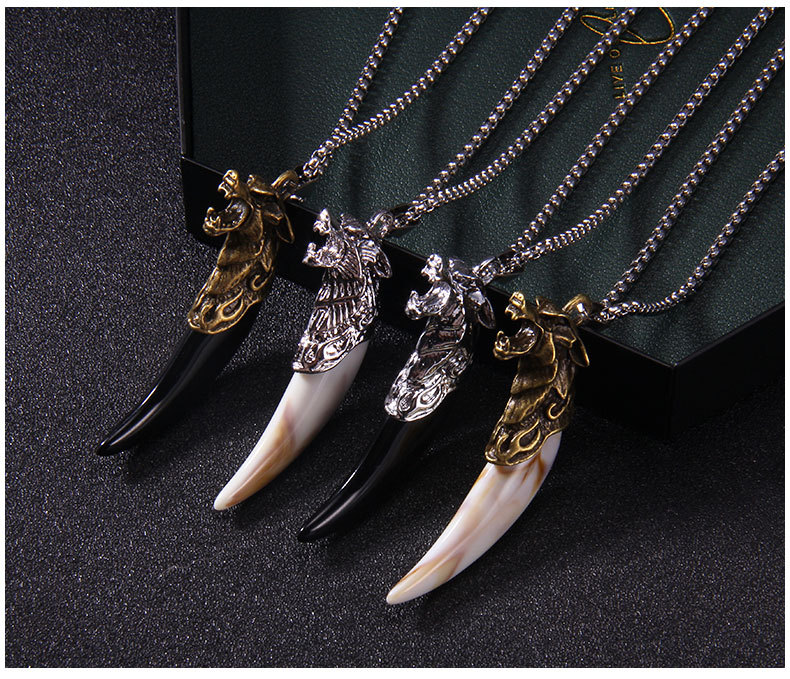 Acrylic Inlay Material Pendant Necklace Classification Ethnic Style Wolf Tooth Stainless Steel Alloy Inlay Acrylic Men'S Pendant Necklace