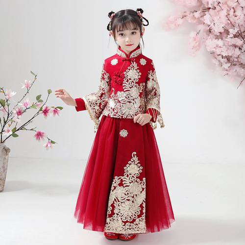 Wine  Red Hanfu Chinese style costume super girls cheongsam Fairy Chinese Princess Dress children fairy XiuHe tang suit children hanfu skirt kids