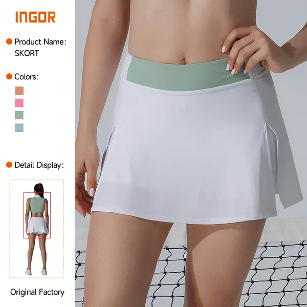 In-Stock Green Sports Tennis Skirt, European and American Style Solid Color Running Fitness Slit Tennis Skirt Pants, Quick-Drying Skirt Hem