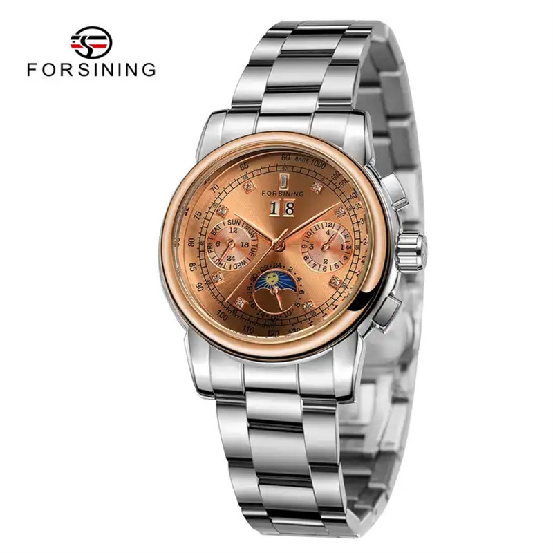 Forsining mujer moda casual movimiento mecánico multifuncional reloj mecánico automático correa de acero Sun Moon Star