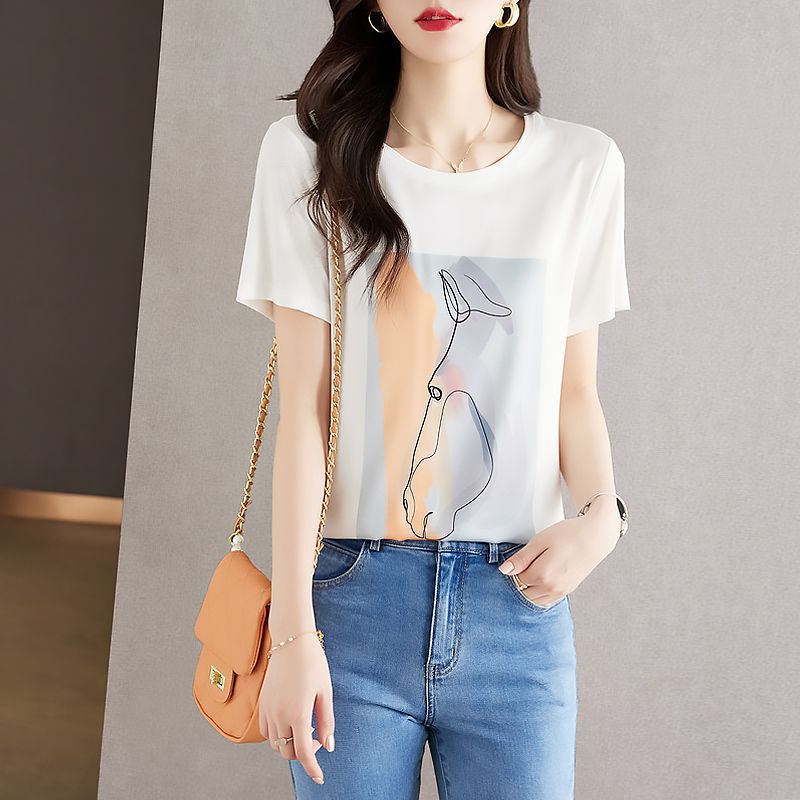 AB impreso de manga corta de verano impreso camiseta de las mujeres blancas de reducción de edad elegante adelgazar superior de secado rápido todo partido redondo image 17