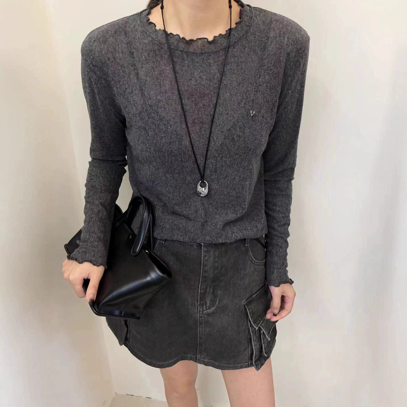 正版秋新款圆领宽松显瘦百搭木耳边长袖T恤打底衫上衣女|undefined