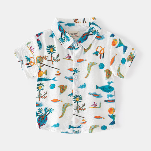 Outdoor travel vacation boys trendy abstract style shirt casual style boys seaside summer lapel short sleeves