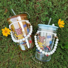 学生便捷玻璃水杯可爱带吸管女生茶水分离杯带茶隔泡茶杯带盖防漏