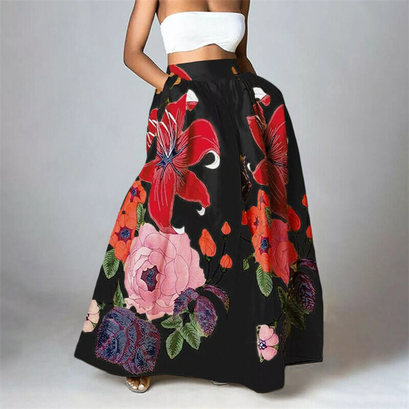 European And American Cross-border Foreign Trade Women's Skirt, Bohemian Floral Loose High-waisted Holiday Flared Pocket_ecoleips.com