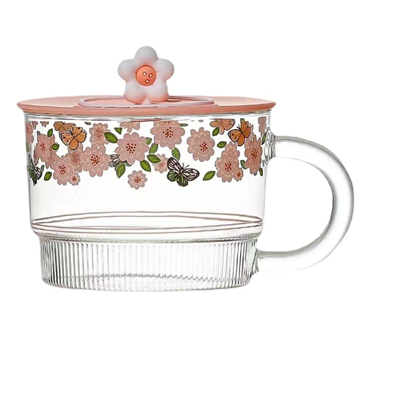 Flor de verano de lujo ligero Vidrio DE ALTO aspecto con tapa Taza de desayuno de gran capacidad de alto aspecto Taza de avena con taza de regalo de mano