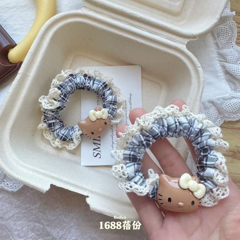 甜美蕾丝花边格纹小肠发圈学院风可爱米咖猫咪可爱发绳复古卡通|undefined