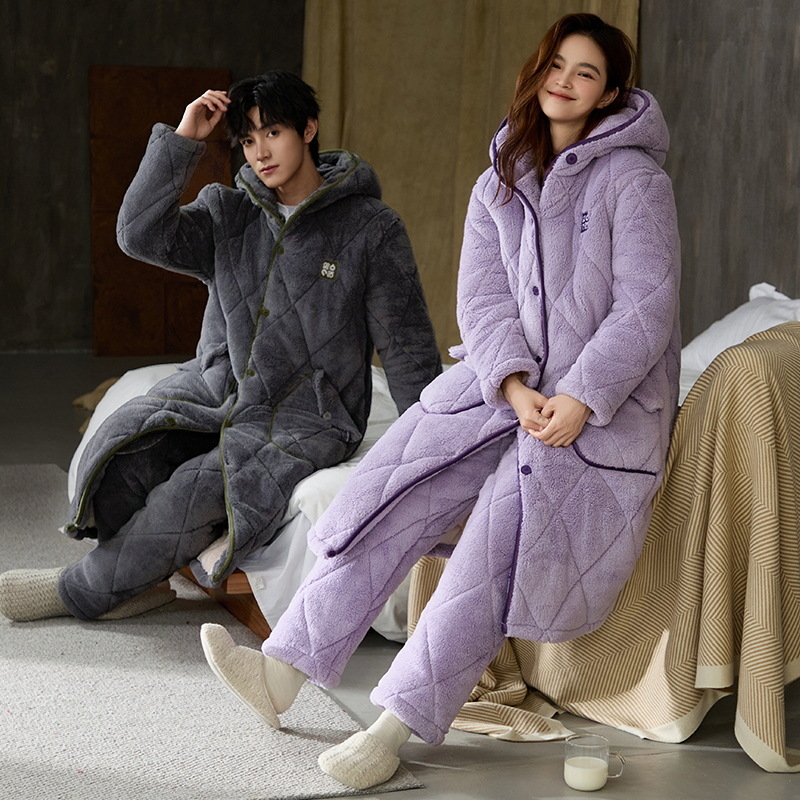 Super grueso chaqueta de algodón de tres capas, pijama de pareja de mujer, ropa de hogar de hombre, otoño y invierno, terciopelo de coral, calentamiento más grueso