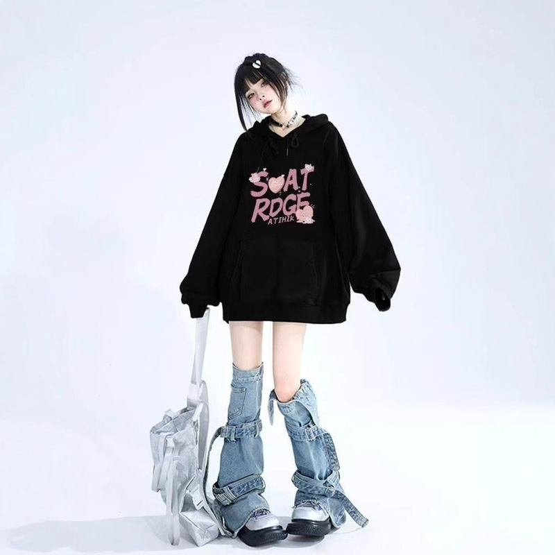 美式印花连帽卫衣女黑色加绒宽松上衣潮流|undefined