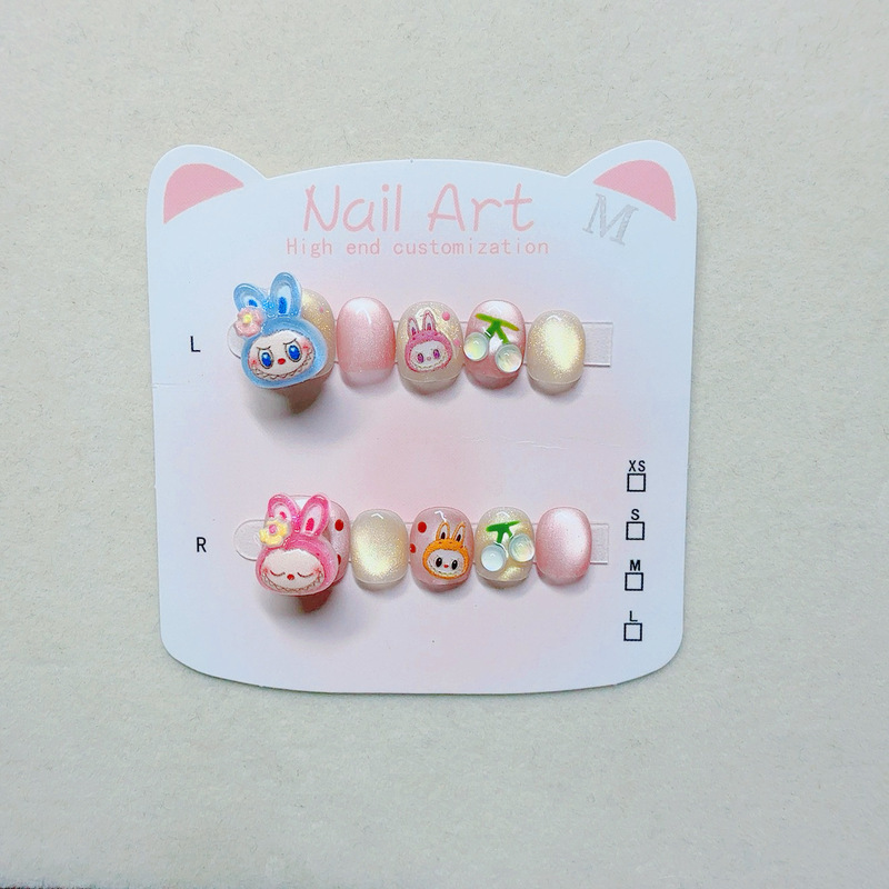 【131】Original Labubu Rotatable Children's Wearable Nail Cat Eye Short Manicure Patch Fake Nails