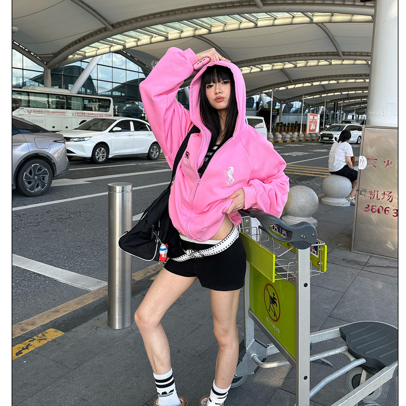 American Dopamine Digital Print Raglan Zipper Cardigan Hooded Sweatshirt Couple Style Casual Loose Versatile Jacket